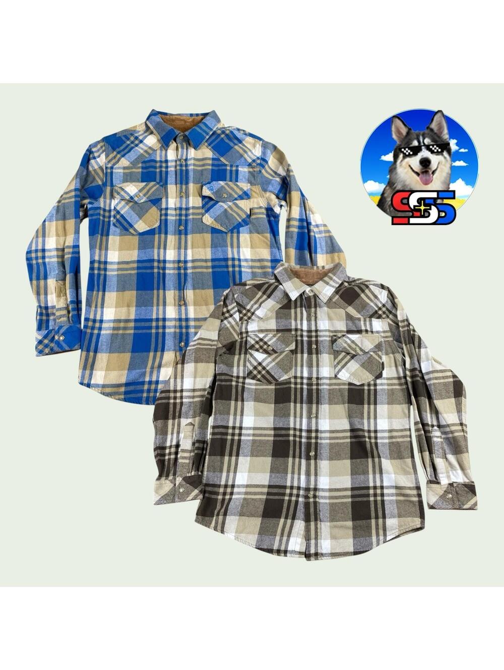 (Lot of 2) Legendary Whitetails Pearlsnap Flannel Shirt Plaid Blue Biege Men's M